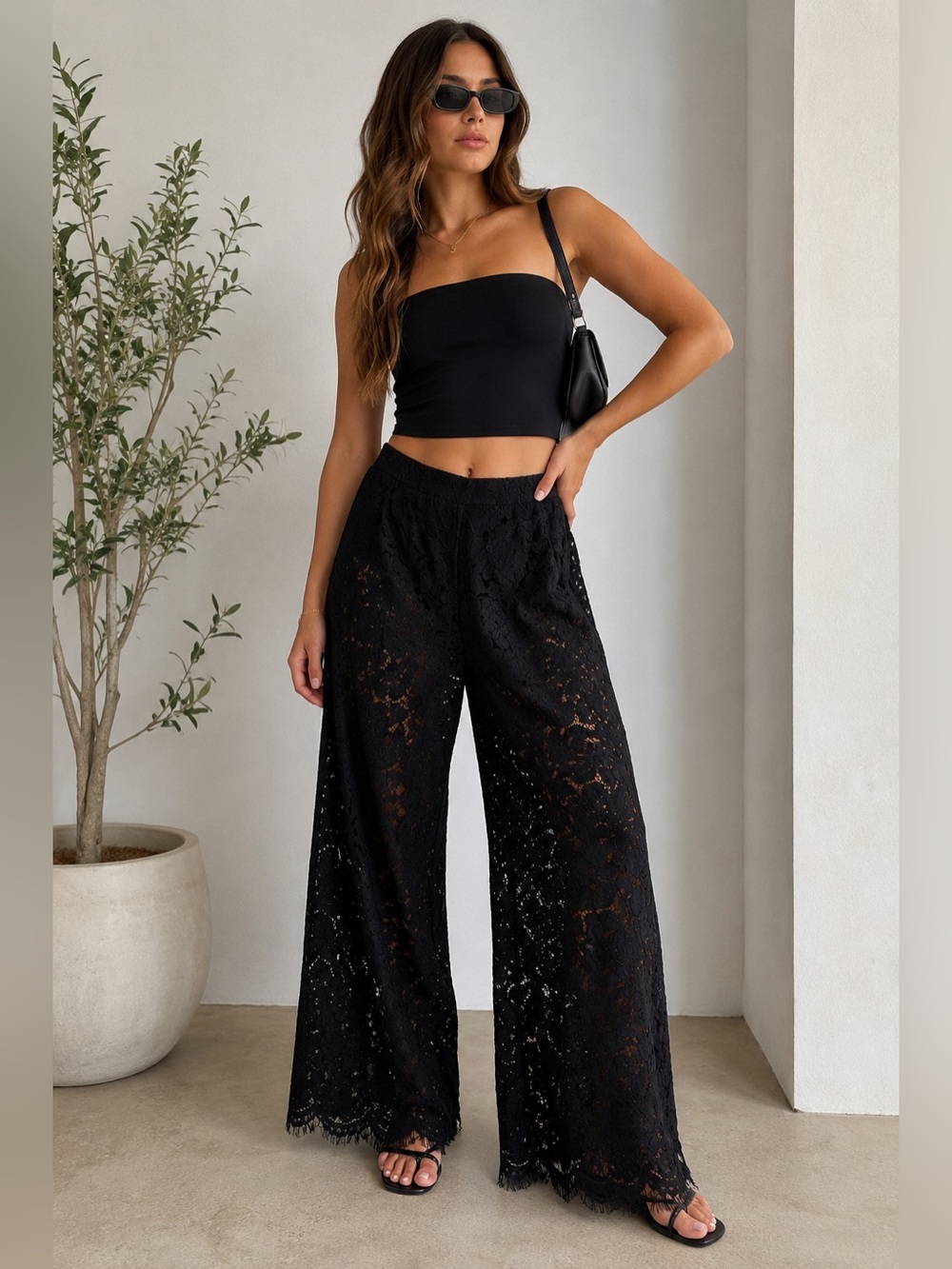NWT Mustard Seed Black‎ Floral Lace Wide Leg Pants Size Small